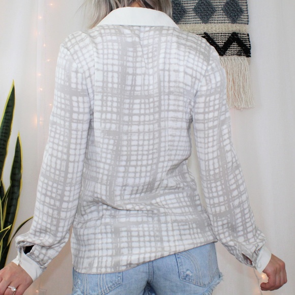 St. John Silk Button Down Blouse in White & Gray - Picture 2 of 8